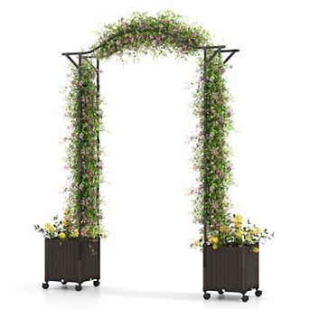 Costway 82”L x 99”H Garden Arch Trellis with 2 Self-watering Planter Boxes for Party Yard Black