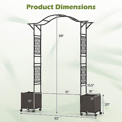 Costway 82”L x 99”H Garden Arch Trellis with 2 Self-watering Planter Boxes for Party Yard Black