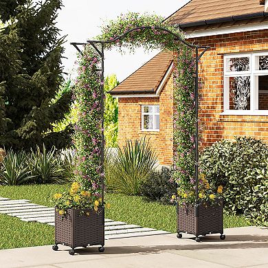 Costway 82”L x 99”H Garden Arch Trellis with 2 Self-watering Planter Boxes for Party Yard Black