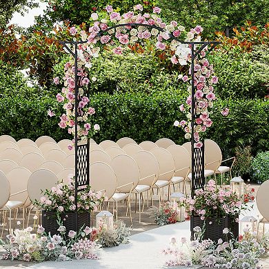 Costway 82”L x 99”H Garden Arch Trellis with 2 Self-watering Planter Boxes for Party Yard Black