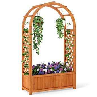 Costway 1 pc Raised Garden Bed Wooden Elevated Planter Box with Lattice Trellis & Ached Roof