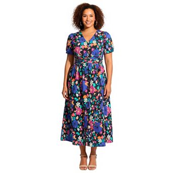 Avenue Women's Plus Size Button Front Midi Dress