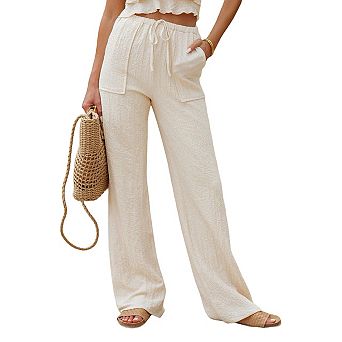 Women's Linen Pants High Waist Straight Pant Casual Flowy Wide Leg Drawstring Trousers with Pockets