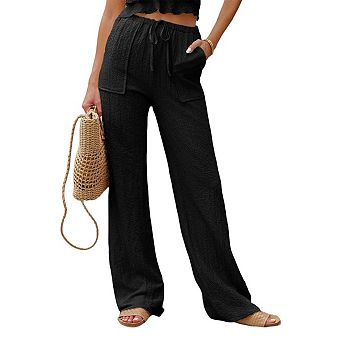 Women's Linen Pants High Waist Straight Pant Casual Flowy Wide Leg Drawstring Trousers with Pockets