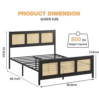 Rattan Bed Frame with Headboard, Boho Cane Platform Bed Frame, No Box Spring Needed