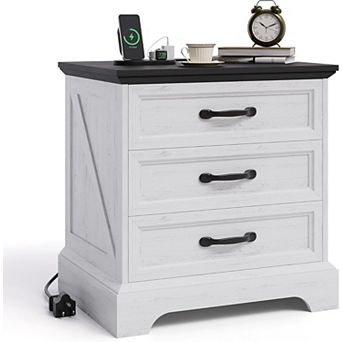 Farmhouse Nightstand with Charging Station & 3 Large Drawers, 24.8 Inch Wide End Side Table