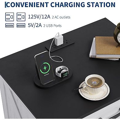 Farmhouse Nightstand with Charging Station & 3 Large Drawers, 24.8 Inch Wide End Side Table