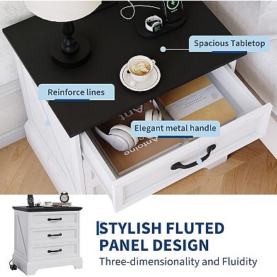 Farmhouse Nightstand with Charging Station & 3 Large Drawers, 24.8 Inch Wide End Side Table