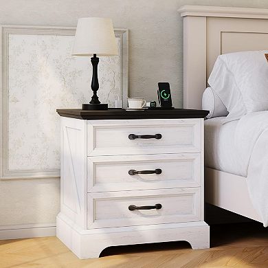Farmhouse Nightstand with Charging Station & 3 Large Drawers, 24.8 Inch Wide End Side Table