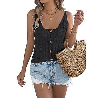 Women Knit Sweater Vest Tops Button Front V-Neck Sleeveless Crochet Going Out Tank Top Streetwear
