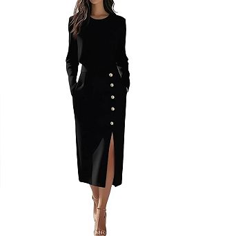 Work Dresses for Women Long Sleeve Elegant Church Crewneck Button Front Slit Midi Dress Blazer Dress