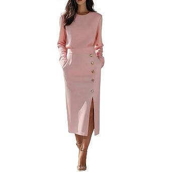 Work Dresses for Women Long Sleeve Elegant Church Crewneck Button Front Slit Midi Dress Blazer Dress