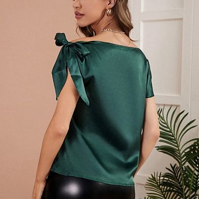 Women Satin Off-Shoulder Blouse Short Sleeve Tie Detail Elegant Top