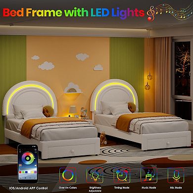 Upholstered LED Bed Frame with Storage Drawer and Rainbow Headboard, No Box Spring Needed