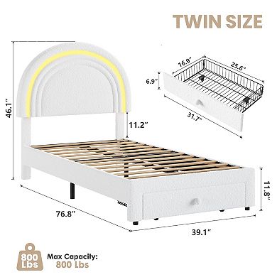 Upholstered LED Bed Frame with Storage Drawer and Rainbow Headboard, No Box Spring Needed