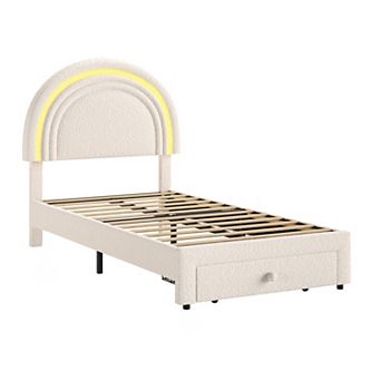 Upholstered LED Bed Frame with Storage Drawer and Rainbow Headboard, No Box Spring Needed