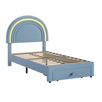 Upholstered LED Bed Frame with Storage Drawer and Rainbow Headboard, No Box Spring Needed