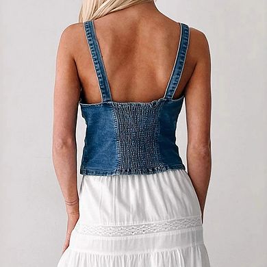 Women's Button-Up Denim Camis Vest Slim Solid Deep V Neck Sleeveless Backless Jean Tank Tops