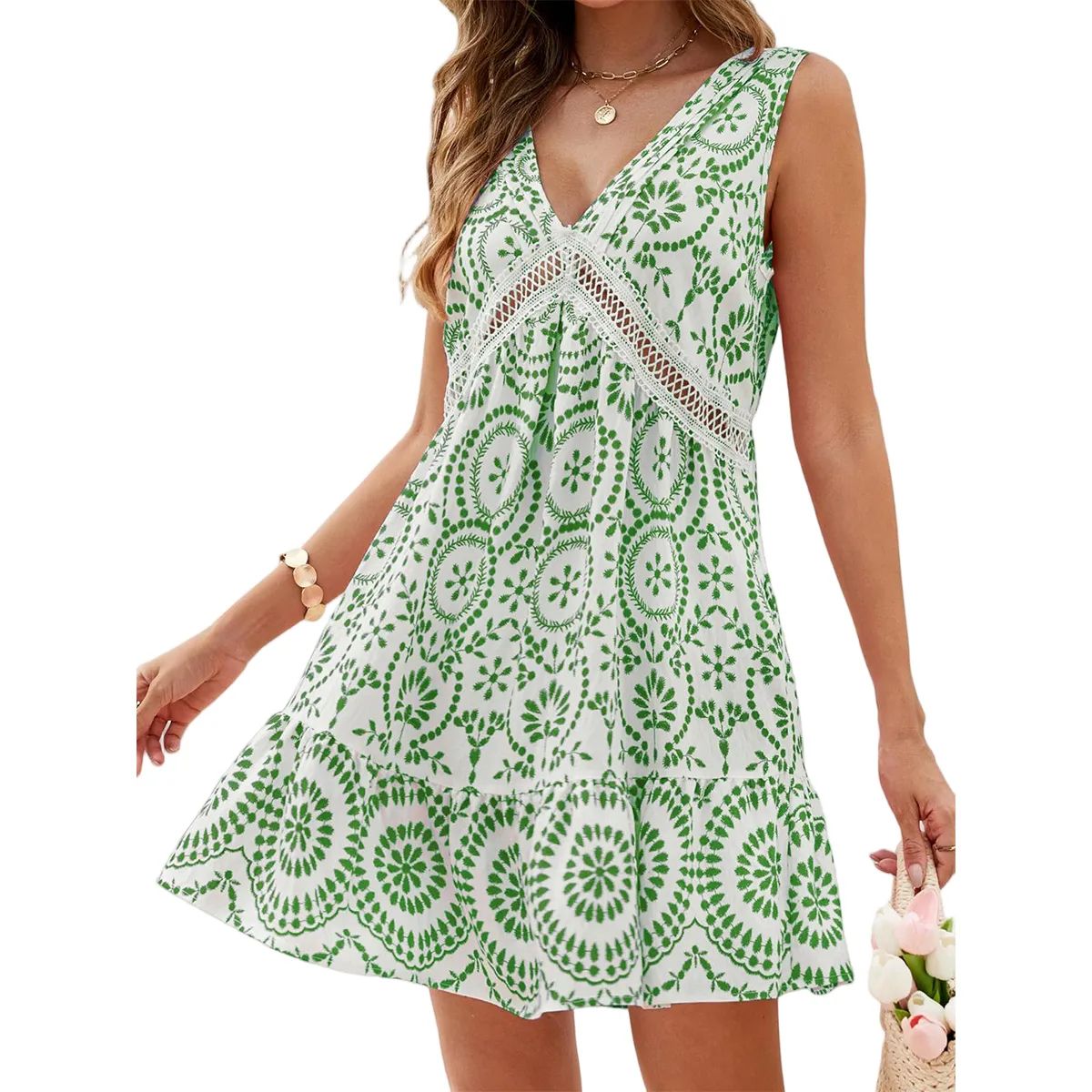 Женские платья Elegant Summer Dress Sleeveless Floral Printed Eyelet Lace V-Neck A-Line Mini Dresses
