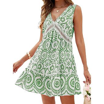 Womens Elegant Summer Dress Sleeveless Floral Printed Eyelet Lace V-Neck A-Line Mini Dresses