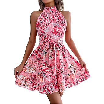 Womens Casual Summer Dresses Halter Neck Sleeveless Floral A Line Short Dress with Belt