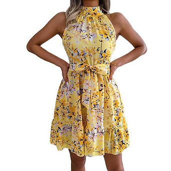 Womens Casual Summer Dresses Halter Neck Sleeveless Floral A Line Short Dress with Belt