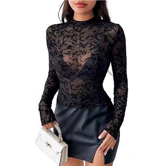 Women Sheer Mesh Floral Top Mock Neck Long Sleeve Semi-Sheer Blouse