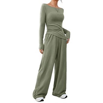 Women's 2 pc Loungewear Set Long Sleeve Off-Shoulder Top & Wide-Leg Pants Soft Casual Outfit