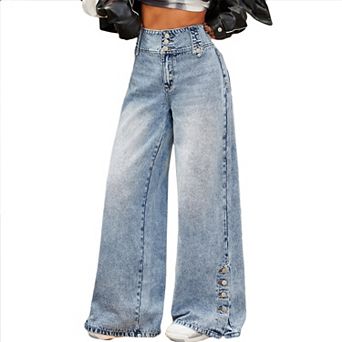 Women's High-Waisted Wide-Leg Jeans, Light Wash Denim Pants with Side Button Slits Casual Trousers