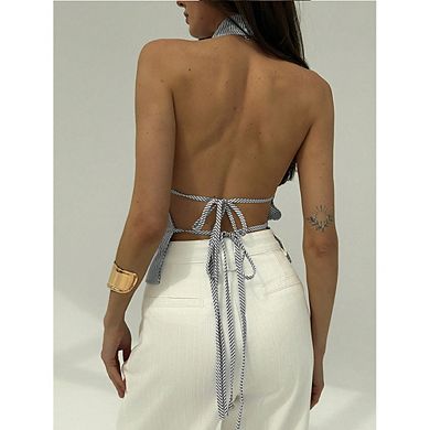 Women Striped Halter Neck Backless Crop Top Tie-Back Sleeveless Summer Blouse