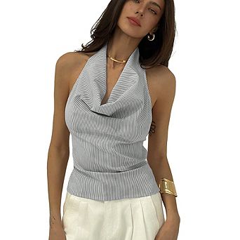 Women Striped Halter Neck Backless Crop Top Tie-Back Sleeveless Summer Blouse