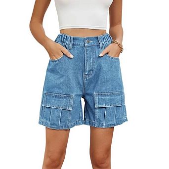 Women's Bermuda Cargo Shorts Knee Length 6 Pockets Elastic Waist Long Shorts for Summer Casual
