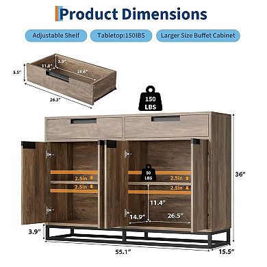 55" Buffet Cabinet with 2 Drawers & 4 Doors,Large Kitchen Dining Room Storage Organizer,Freestanding
