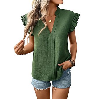 Women Ruffle Cap Sleeve Blouse V Neck Casual Solid Color Top