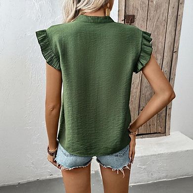 Women Ruffle Cap Sleeve Blouse V Neck Casual Solid Color Top