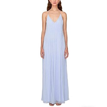 Women Pleated Maxi Dress Spaghetti Strap Sleeveless V-Neck Backless Flowy Gown