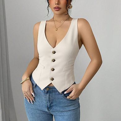 Women Sleeveless V-Neck Vest Slim-Fit Button Front Waistcoat