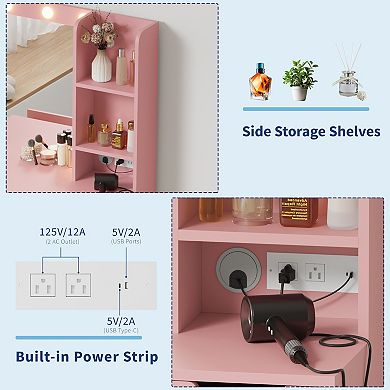 Makeup Vanity Desk with LED Mirror and Power Outlet Station