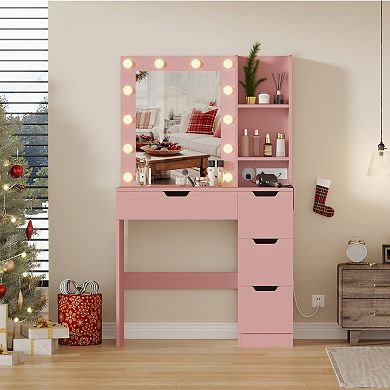 Makeup Vanity Desk with LED Mirror and Power Outlet Station