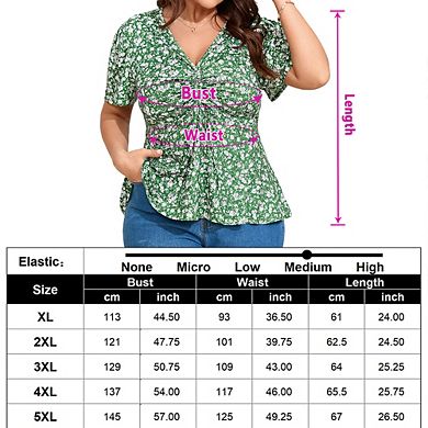 Women Plus Size Floral V-Neck Peplum Top Short Sleeve Ruched Front Blouse
