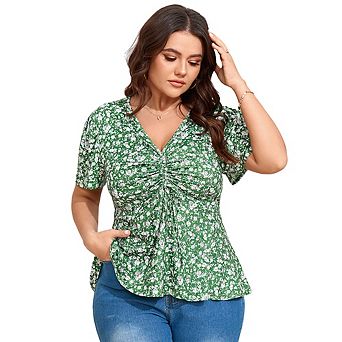 Women Plus Size Floral V-Neck Peplum Top Short Sleeve Ruched Front Blouse