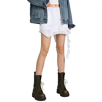 Women's Satin Mini Skirt with Lace Trim Elastic Waist Casual Fashion Ruffled Skirt
