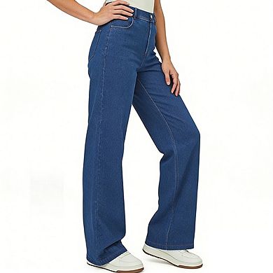 Women's High Waist Wide Leg Denim Pants with Pockets Button Casual Long Pants