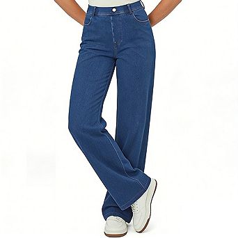 Women's High Waist Wide Leg Denim Pants with Pockets Button Casual Long Pants