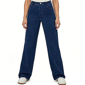 Women's High Waist Wide Leg Denim Pants with Pockets Button Casual Long Pants