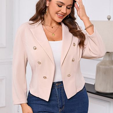 Women Plus Size Cropped Blazer 3/4 Sleeve Double-Breasted Button Casual Office Jacket