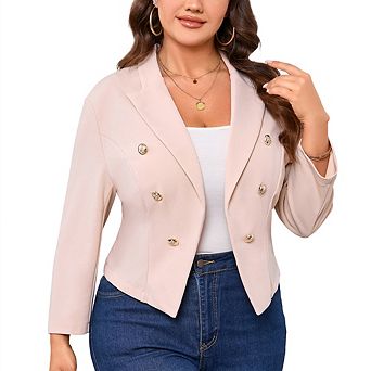 Women Plus Size Cropped Blazer 3/4 Sleeve Double-Breasted Button Casual Office Jacket