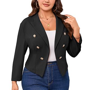 Women Plus Size Cropped Blazer 3/4 Sleeve Double-Breasted Button Casual Office Jacket