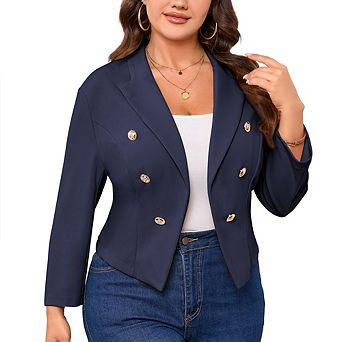 Women Plus Size Cropped Blazer 3/4 Sleeve Double-Breasted Button Casual Office Jacket
