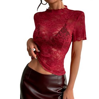 Women's Sheer Floral Lace Mock Neck Top Short Sleeve Slim-Fit Blouse Shirt for Parties & Events